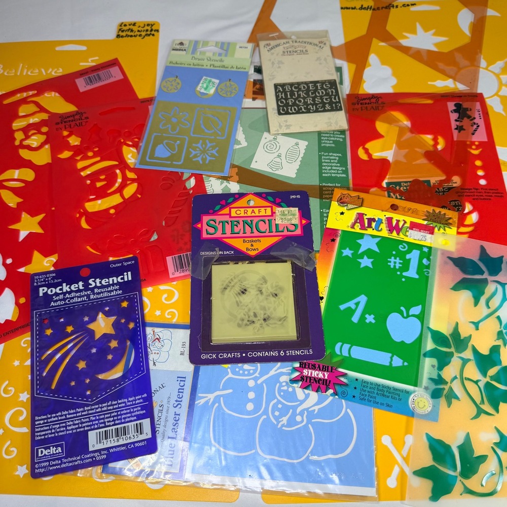 Vintage Craft Stencil Lot Plaid Delta Christmas Celestial Alphabet Brass‎ 15pc+